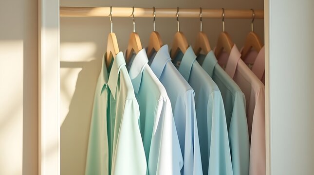 Neatly organized closet with pastel colored shirts hanging on wooden hangers in soft natural light