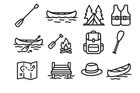 Canoeing Icon Set. Canoeing linear icon set: paddle, canoe, life jacket, calm river, water splash, oar blade, campsite, backpack, map, dock, hat, floating canoe