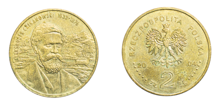 two Polish zloty on a white isolated background