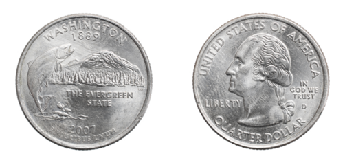 A quarter dollar coin on a white isolated background