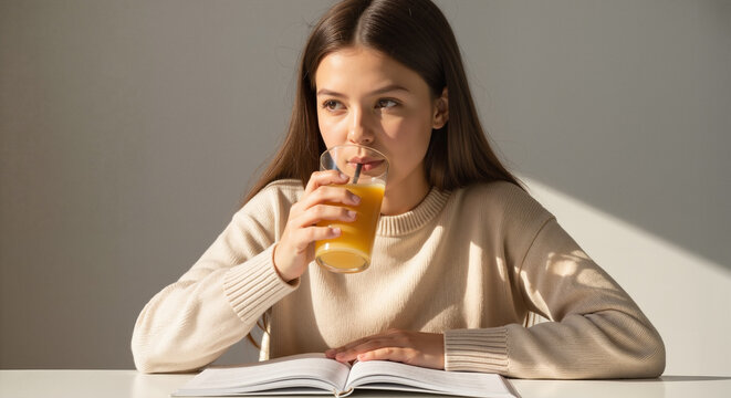 Young girl sipping orange juice while studying at a desk  