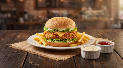Gourmet Crispy Chicken Burger with Cheese and Fries on Rustic Cafe Table