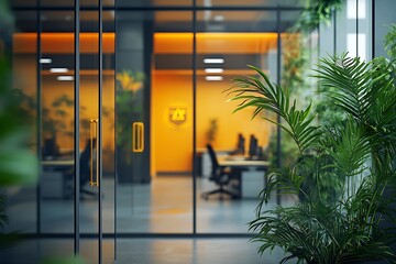 Green modern office interior with glass walls, warm lighting, and inviting workspace for contemporary business.