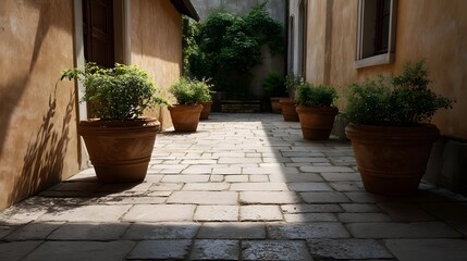 A sunlit stone courtyard in a Mediterranean alleyway lined with terracotta planters