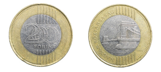 two hundred Hungarian forint coin isolated on white background