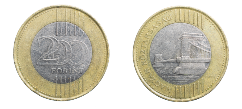 two hundred Hungarian forint coin isolated on white background