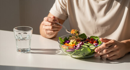 Man eating colorful vegan salad at table with glass of water  