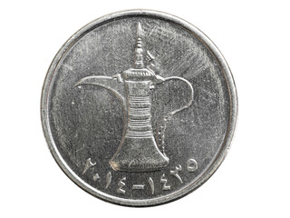 one United Arab Emirates dirham coin on a white background