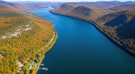 Stunning high-angle drone view of a serene blue river curving through a mountain valley blanketed in a dense forest with spectacular fall colors on a bright day