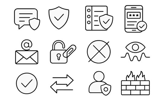 Secure Communication Icons. Safety-Centric Communication linear icon set: shielded dialogue box, trust seal, secure contact list, privacy filter screen, verified sender icon