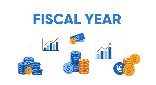 Illustrative fiscal year concept with coins graphs and currency symbols