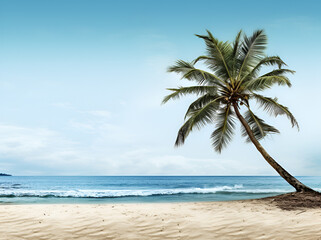 Fototapeta premium A beautiful beach scene with a palm tree, ocean waves, and blue sky on a sunny day.