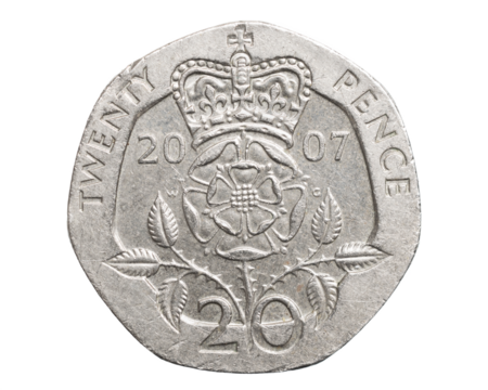 twenty pence coin isolated on white background
