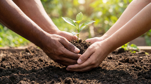 Diverse Hands Planting Small Green Tree Sapling in Fertile Soil under Sunlight