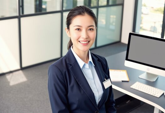 Female bank employee in a professional setting, captured in a confident close-up. - Powered by Adobe