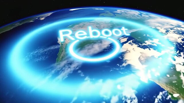 Space view of Earth with loading symbol and Reboot text expressing need for global renewal