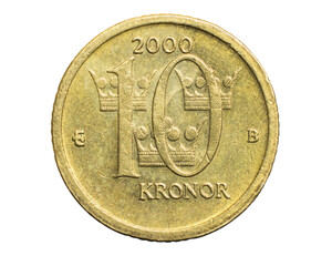 ten swedish kroner coin isolated on white background