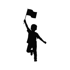 Joyful child running with a waving flag silhouette