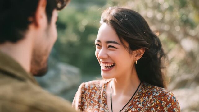 A cheerful young woman in a floral dress enjoys a heartfelt conversation with a man in a sunlit outdoor setting. Her genuine laughter and radiant expression evoke happiness and connection
