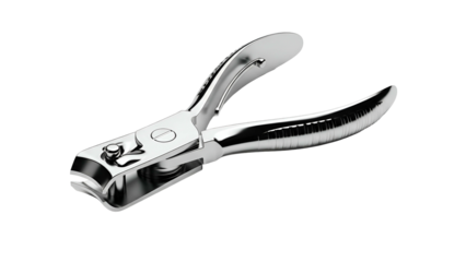 Polished metal fingernail clippers against a black background. Sharp blades, curved lever
