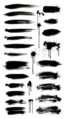A diverse collection of black paint brush strokes, ink splatters, and grunge textures on a white background for graphic design.