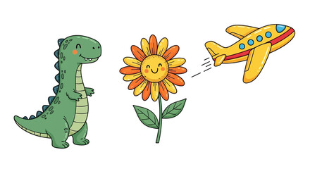 Cute cartoon illustrations of a green dinosaur, a smiling sunflower, and a yellow airplane flying.