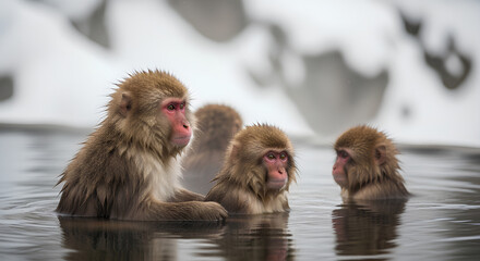 Naklejka premium Engaging Japanese macaque snow monkeys relaxing together in a hot spring spa