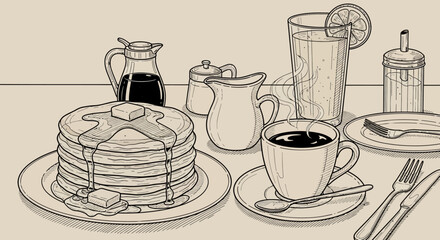 Detailed black and white line drawing of a breakfast spread with pancakes, coffee, and juice.