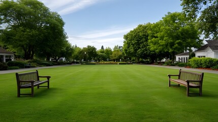 A serene green lawn with wooden benches and lush trees under a bright blue sky