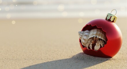 Hermit crab in a broken red Christmas ornament on a sandy beach. Funny tropical holiday and new home concept with copy space