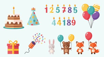 Collection of birthday party elements cake, balloons, candles, gift, party hat, confetti popper, cute animals, and festive decorations
