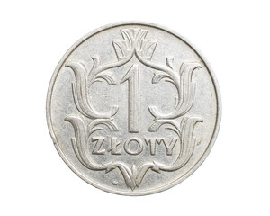 one Polish zloty coin on a white isolated background