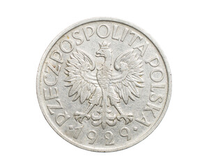 one Polish zloty coin on a white isolated background
