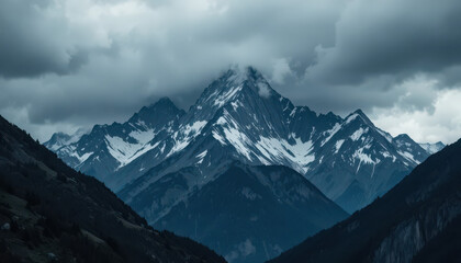 Snow capped mountains under a cloudy sky view shot