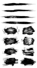 Black grunge brush strokes and textured ink smears on a white background, suitable for graphic design elements.