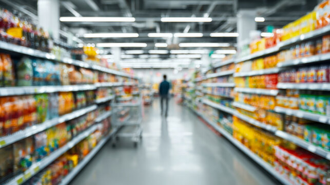 A shopper walking down a brightly lit supermarket aisle filled with colorful packaged goods and products neatly arranged on shelves on both sides
