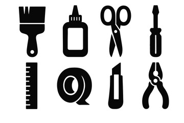 Fototapeta premium Brutalist DIY Icons. Creative DIY Set silhouette icon set. paintbrush, glue bottle, scissors, screwdriver, ruler, tape, craft knife, pliers.