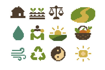 Naklejka premium Rural Living Icons. Balanced Rural Living Icons pixel style icon set: farmhouse silhouette, garden row, balanced scale, open field path, fresh water drop, community circle, calm