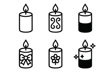 Decorative Candle Icons. Decorative Candles linear icon set: pillar candle, carved design, colored wax, ribbon bow, floral accent, glitter spark