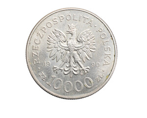 Naklejka premium Ten thousand Polish zloty coin on a white isolated background