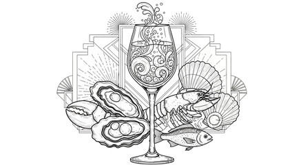 A detailed black and white line art illustration of a wine glass surrounded by various seafood, including oysters, scallops, shrimp, crab, and fish, with an art deco background.