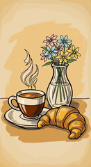 Steaming coffee cup with a golden croissant and a vase of colorful flowers on a table.