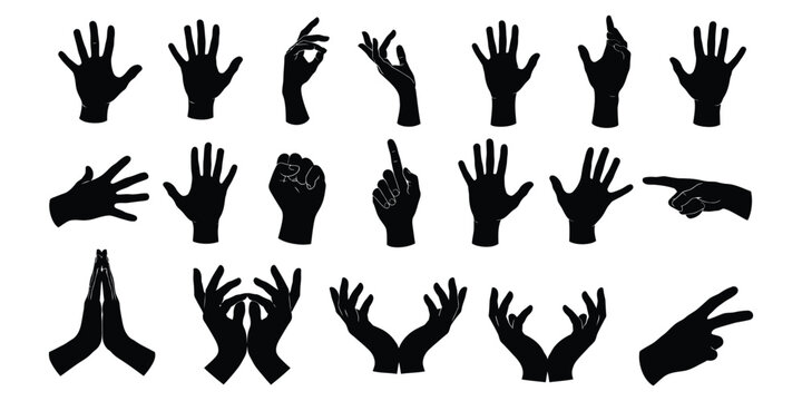 Collection of hand gestures silhouettes in various poses on white background