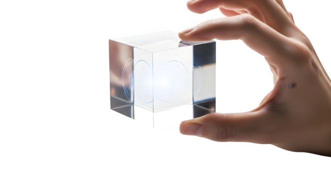 Hand holding a transparent glass cube, showcasing clarity and reflection, isolated on transparent background