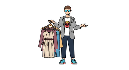 A stylish man holding various clothes on hangers, presenting fashion options.