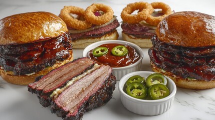 Premium smoked brisket sandwich with onion rings jalapeños barbecue sauce professional food photography white marble countertop restaurant quality presentation