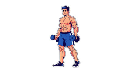 Muscular man in blue shorts holding dumbbells, ready for a workout session.