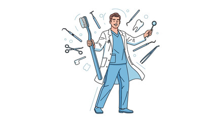 A male dentist in scrubs and lab coat holding a giant toothbrush and dental mirror, surrounded by various dental instruments.