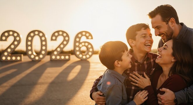 Happy family laughing and hugging with 2026 marquee numbers in the background. Parents and two children looking forward to the future at sunset. New year optimism concept