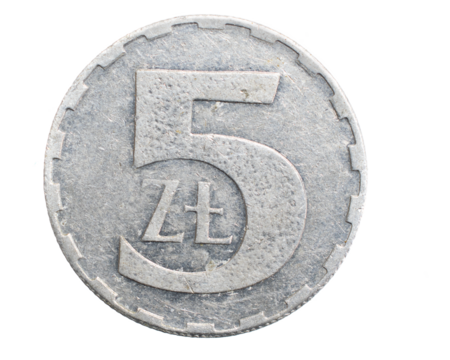 five Polish zloty coin on a white isolated background